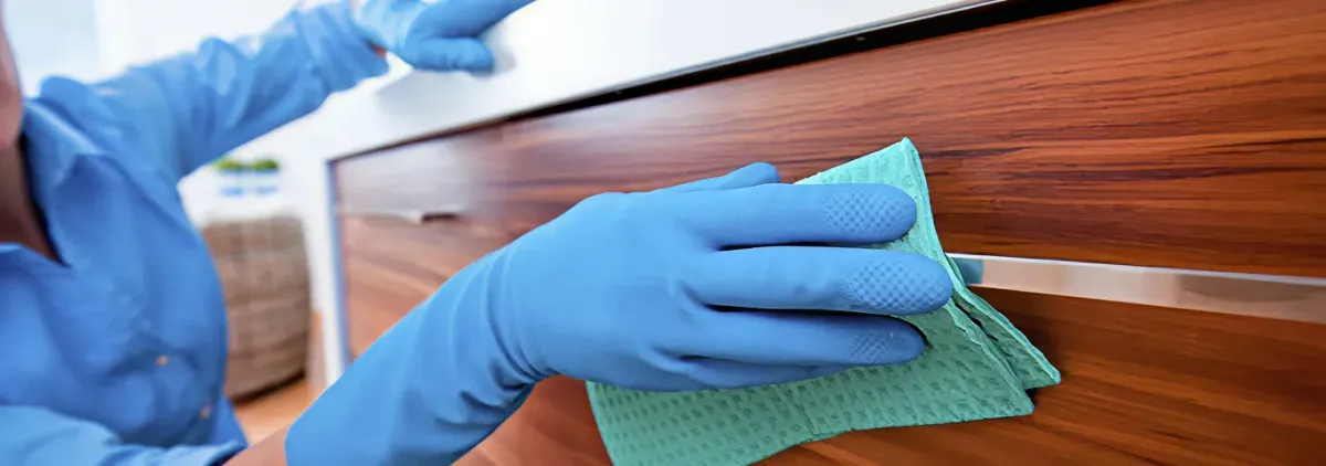 Cleaner wearing blue gloves wiping a wooden cabinet drawer with a microfiber cloth for dust and grime removal, St Paul, MN.