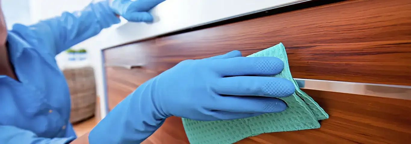 Cleaner wearing blue gloves wiping a wooden cabinet drawer with a microfiber cloth for dust and grime removal, St Paul, MN.