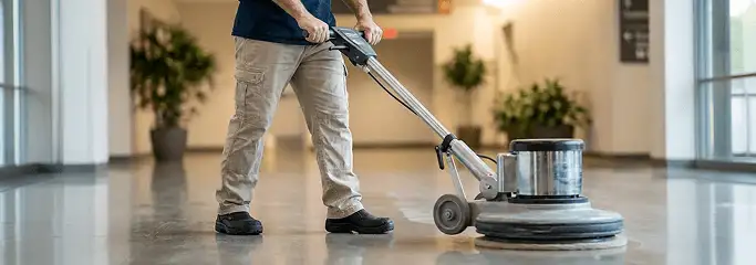 Professional technician using an industrial floor buffer to polish and maintain shiny commercial flooring in a corporate hallway in St Paul, MN.