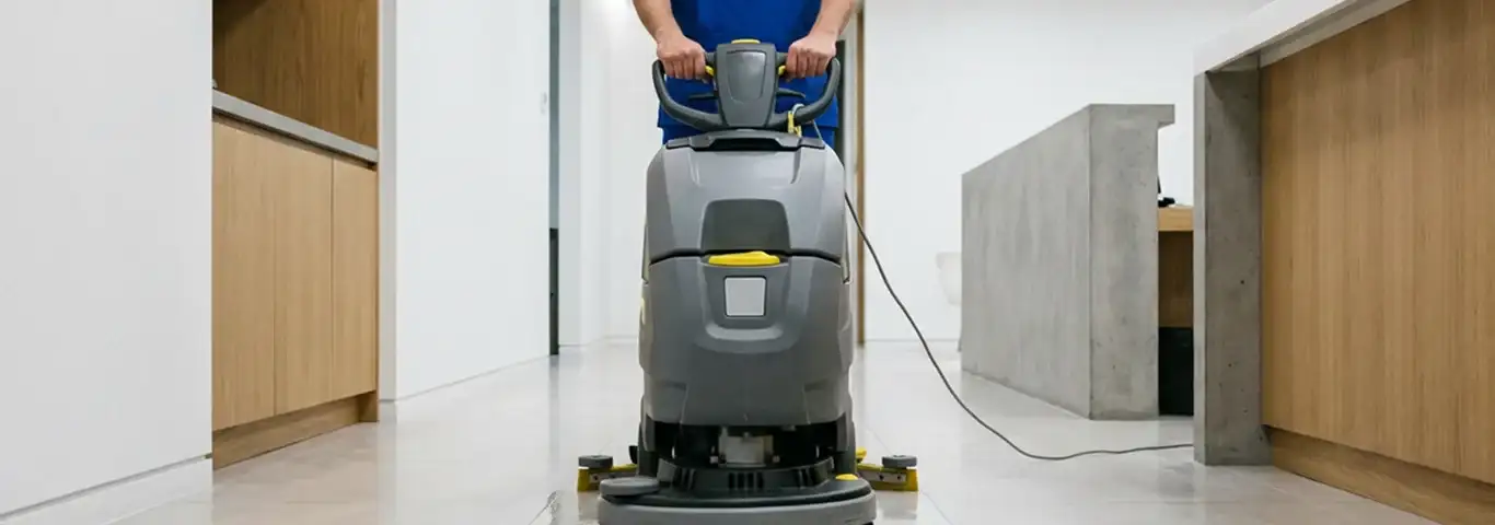 Janitorial staff using a floor scrubber machine to clean a commercial hallway, St Paul, MN.