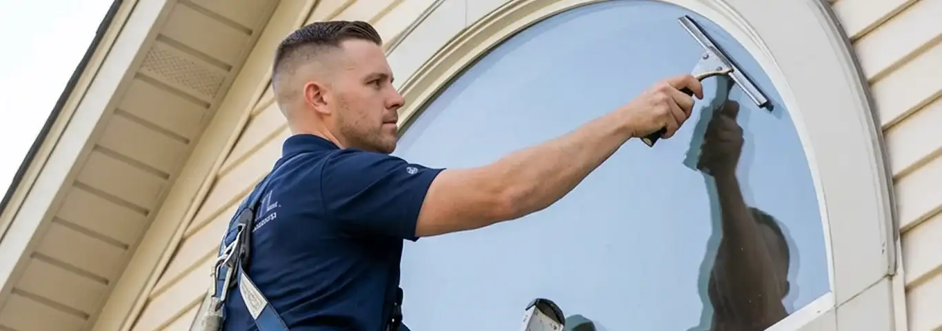 Professional window cleaner using a squeegee to clean an exterior arched window on a home, St Paul, MN.