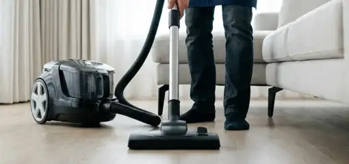 Professional house cleaner vacuuming a living room floor with a canister vacuum cleaner, St Paul, MN.