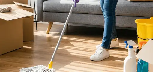 Move-out cleaning setup with a cleaner mopping hardwood floors near moving boxes and cleaning supplies, St Paul, MN.