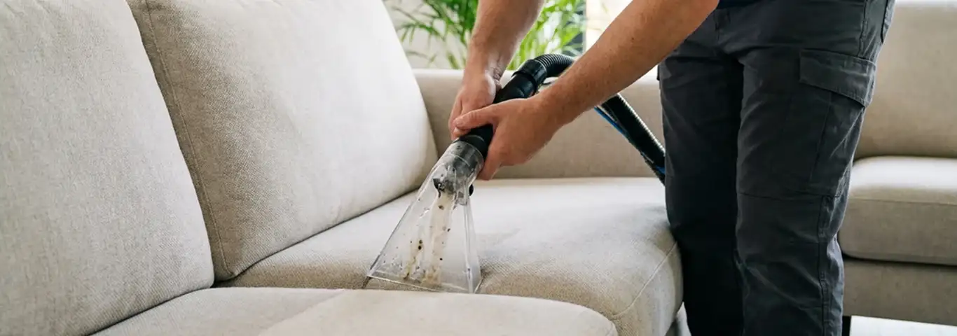 Technician extracting dirt and moisture from a fabric sofa with an upholstery cleaning wand, St Paul, MN.