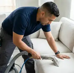 Professional upholstery cleaning technician using an extraction wand to deep-clean a fabric sofa, St Paul, MN.