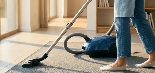 Person vacuuming a living room rug with a canister vacuum cleaner near large windows, St Paul, MN.